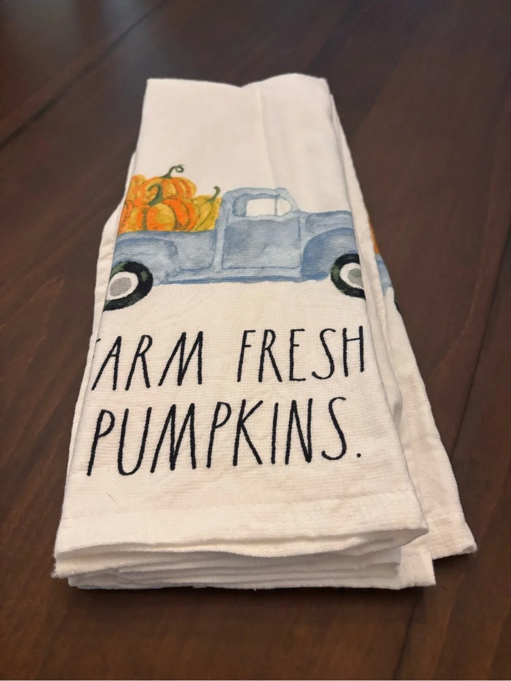 Rae Dunn White Kitchen Towel Set of 2 with Blue Truck and Orange Pumpkins